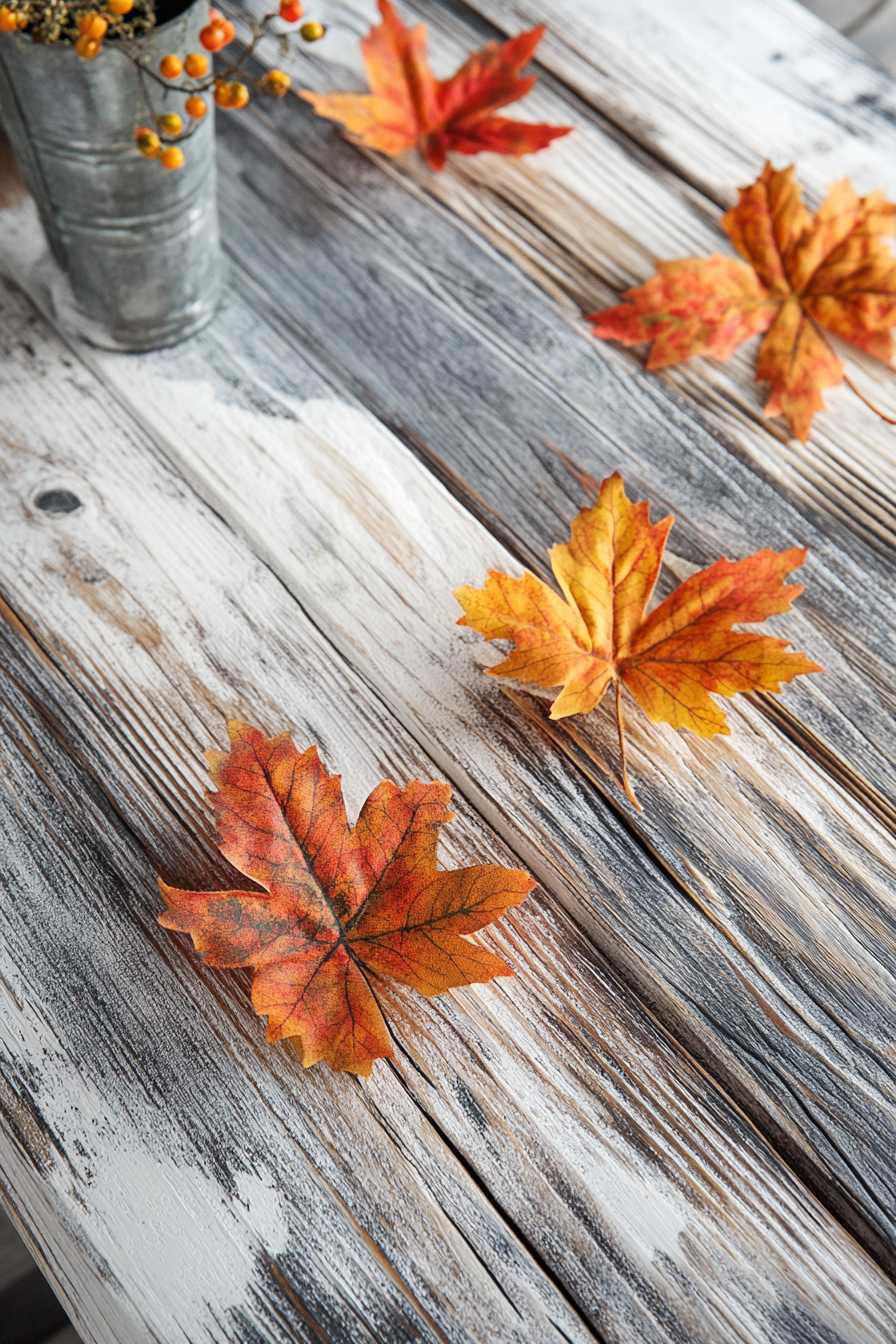 Fall RV decor. Weathered wood table with dried maple leaves arrangement.