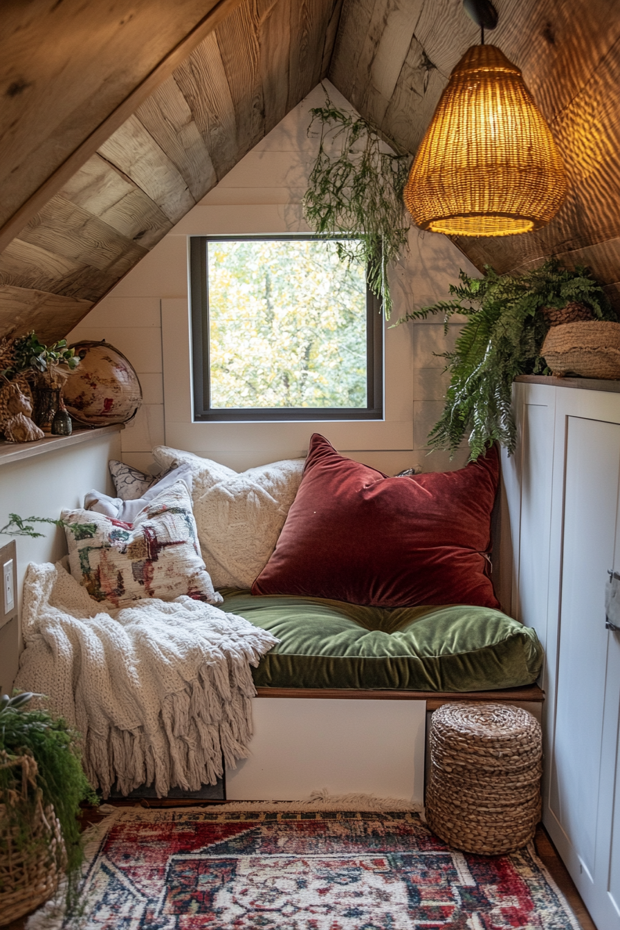 Tiny home upper level design. Velvet bean bag with rattan lampshade.