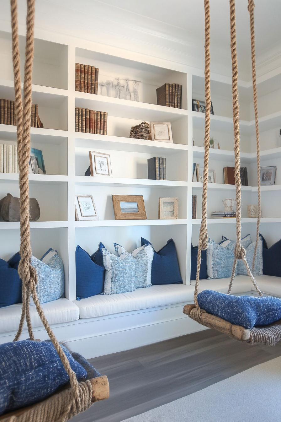 Reading sanctuary. White shelves, blue throw pillows, rope swing chair.