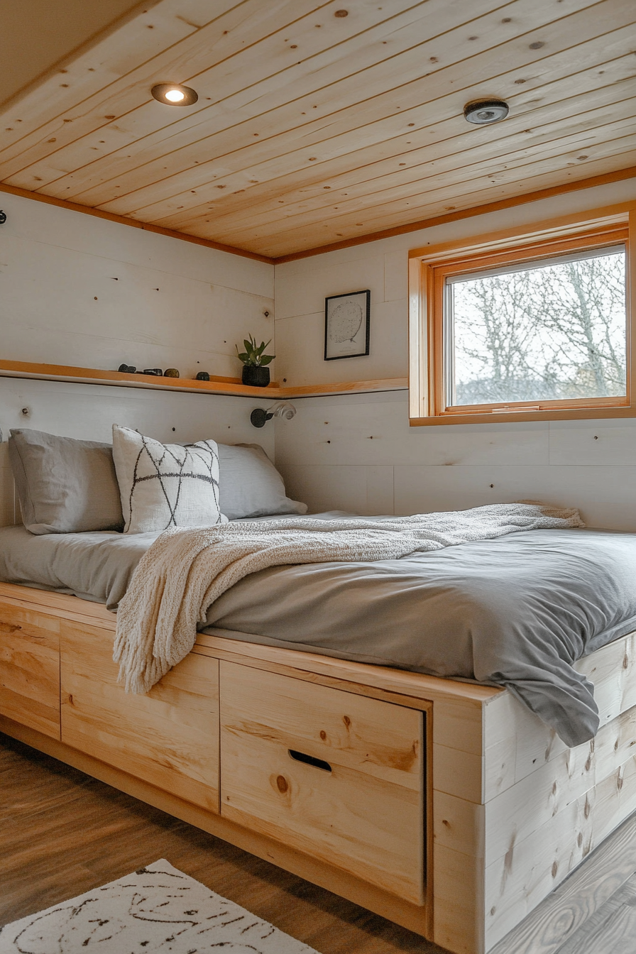 Minimalist tiny house bedroom. Wall-mounted wooden nightstands, hidden storage bed, light grey bedding.