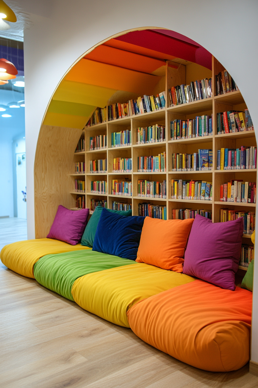 Child-sized library concept. Floor cushioned reading nook with accessible rainbow book display.