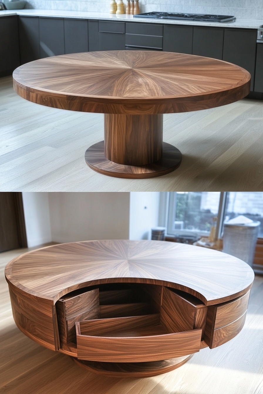 Hidden Compartment Dining Table. Round shape, under-table drawers, walnut finish.