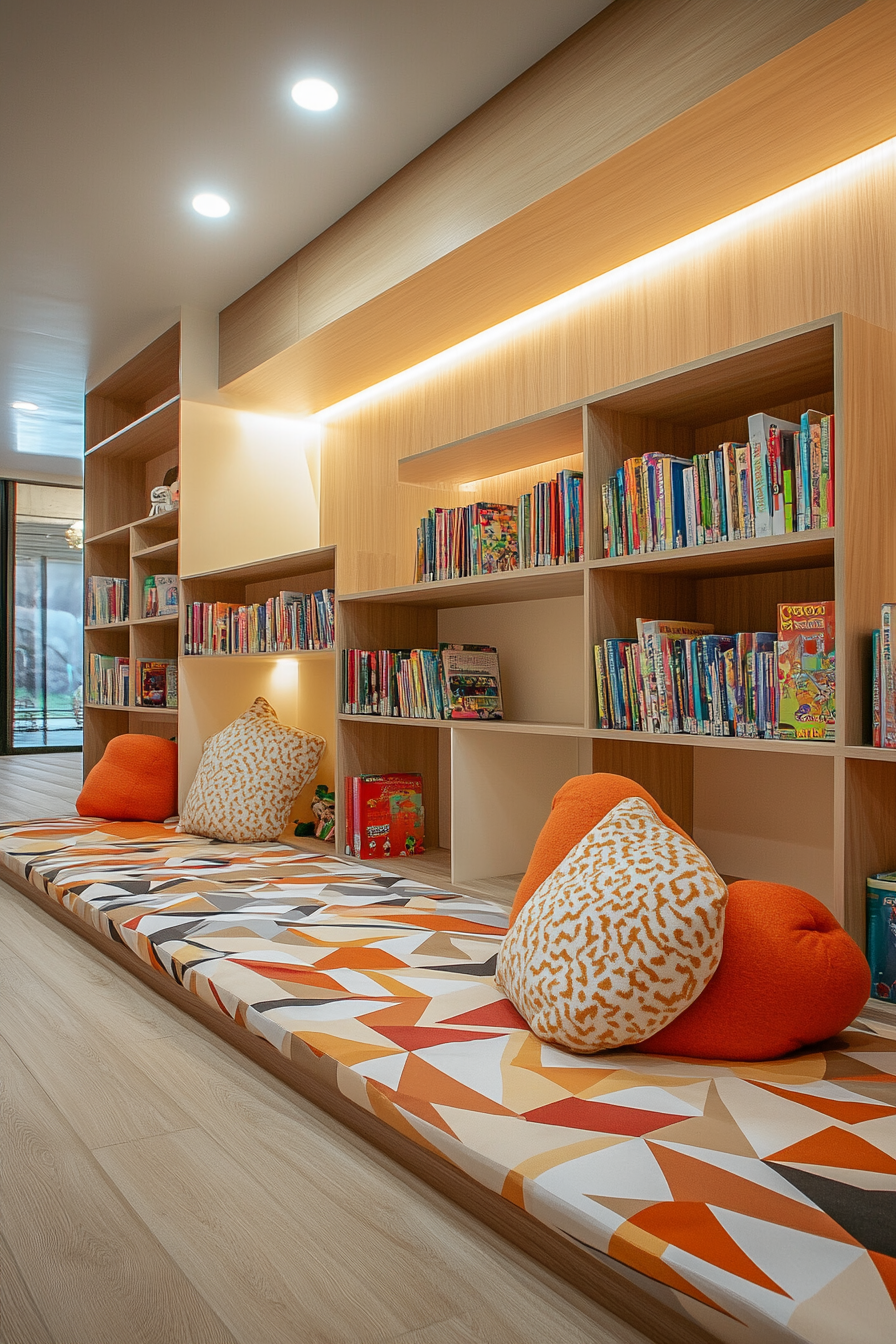 Accessible child-sized library concept. Floor cushion in a geometric pattern and low-rise open bookshelf.