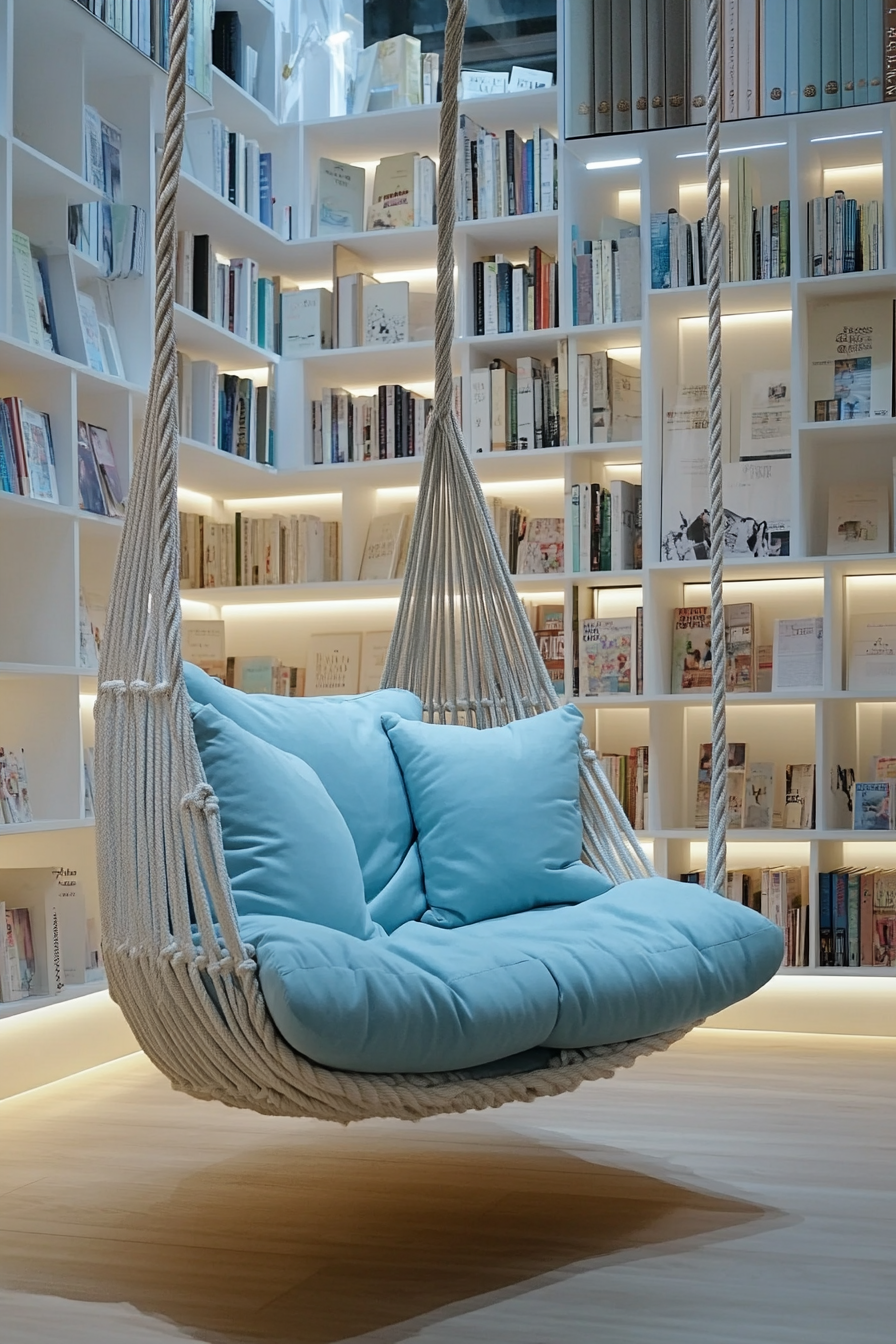 Reading sanctuary. Rope swing chair, sky blue cushion, backdrop of white, multi-tiered bookshelves.