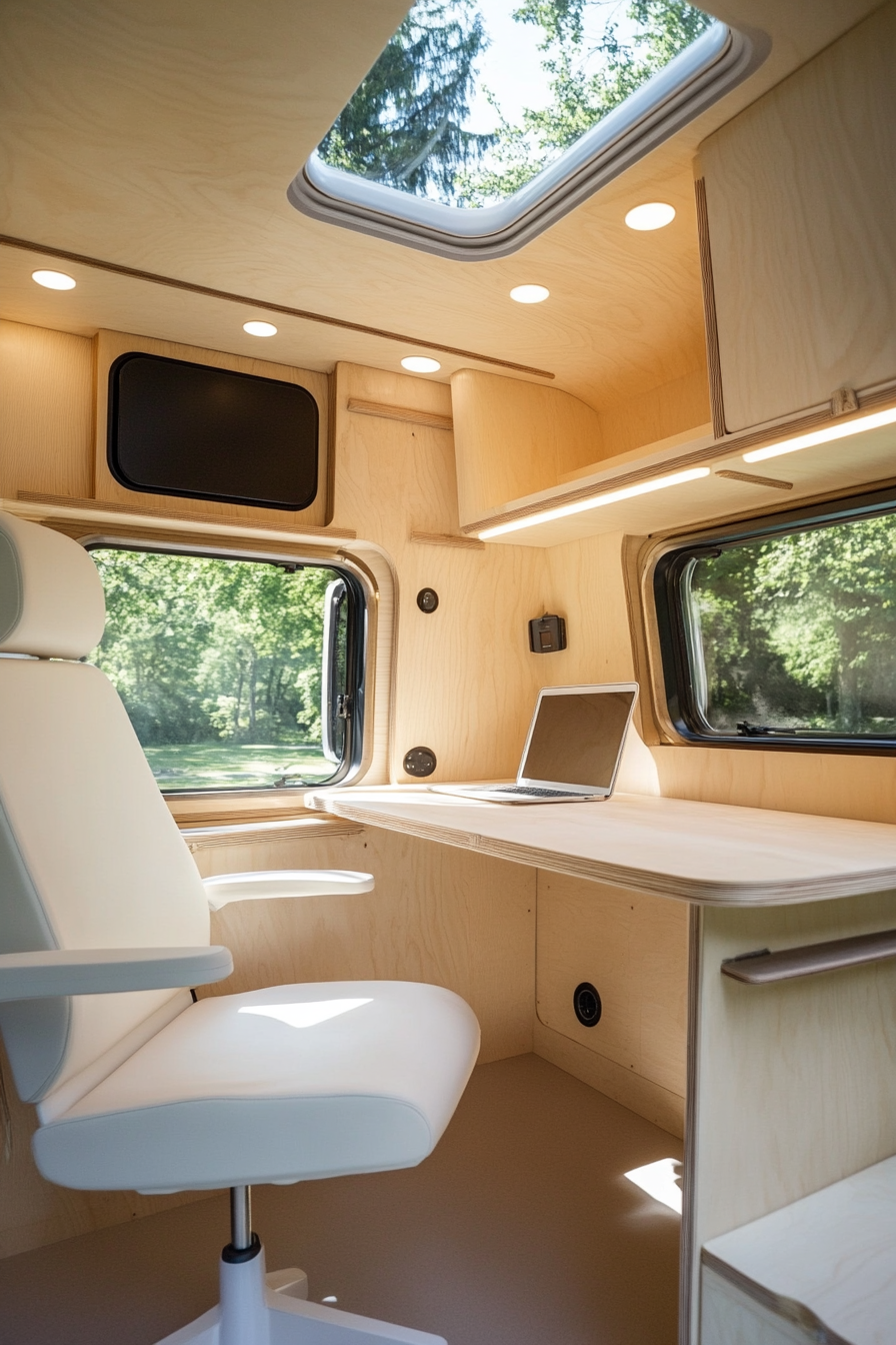 Remote Work Camper Interior. Plywood desk with white ergonomic chair.