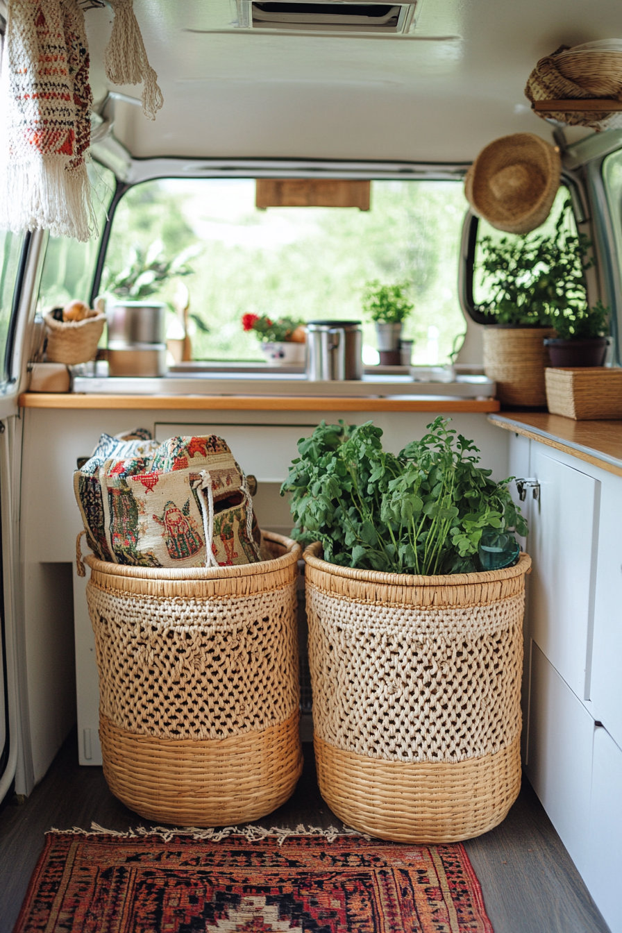 Bohemian camper kitchen. Macramé accents on rattan wood storage baskets.