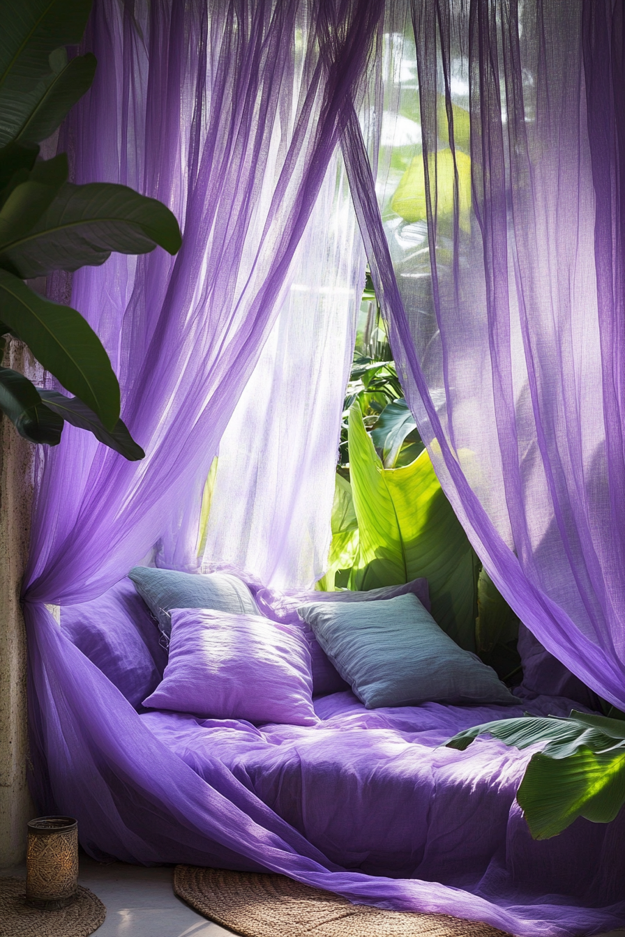 Sleeping nook. Tropical plants-infused faded lilac mosquito net drapes.