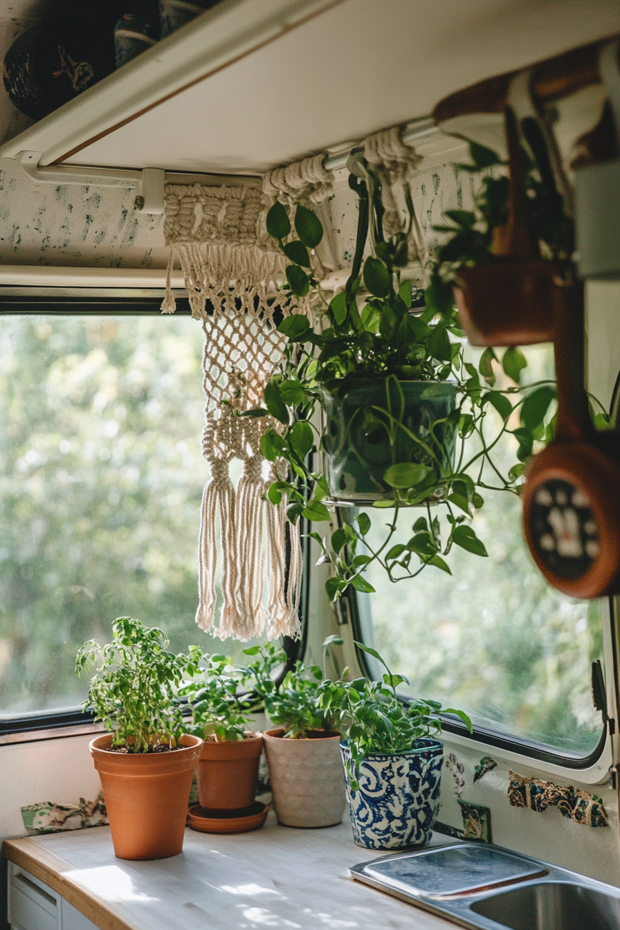 Bohemian camper kitchen, hung macramé plant with terracotta pot for a vibrant accent.