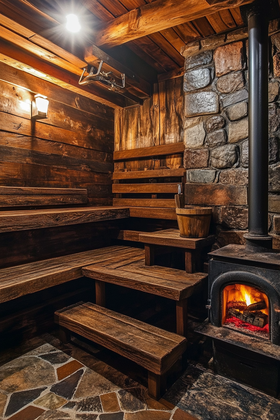 Sauna room design. Cast-iron wood-burning stove with cedar tiered benches.