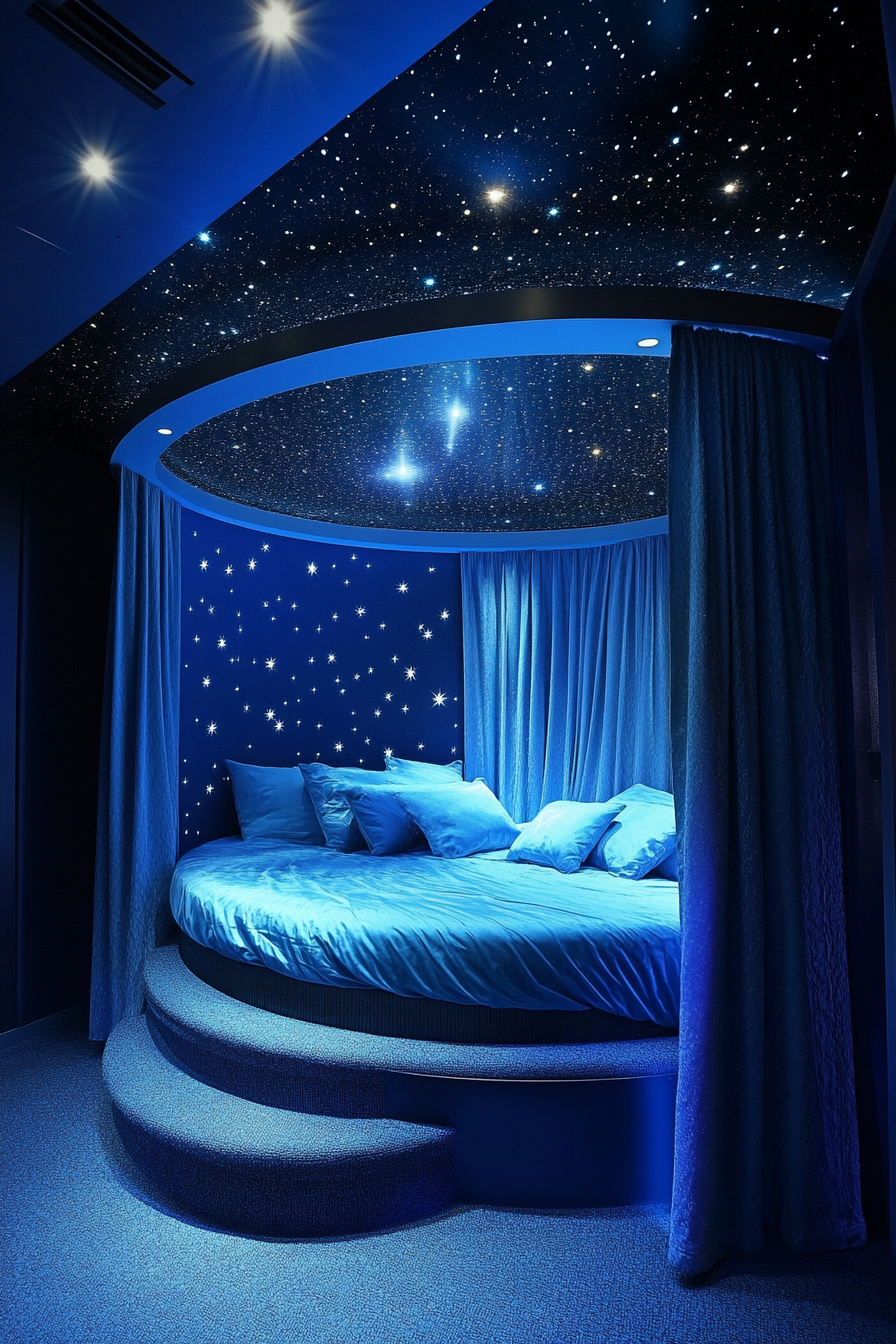 Celestial sleep space concept. Retractable roof, star projectors, circular bed with royal blue bedding.