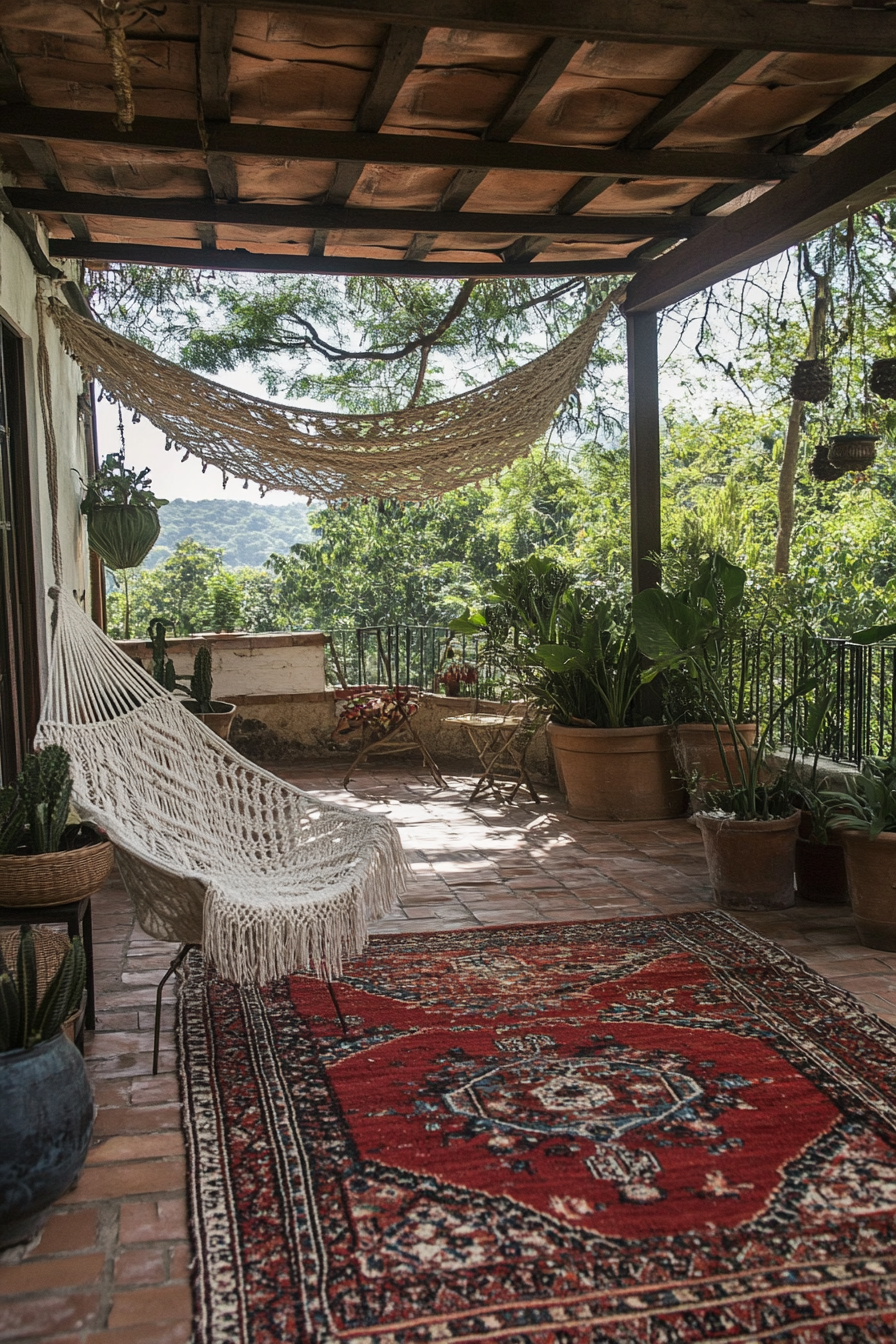 Bohemian patio. Macramé chair, underwater vista canopy, layered red kilim rugs.