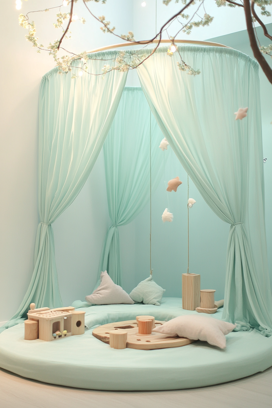 Dreamy play area. Pale turquoise silk canopy with wooden toys.