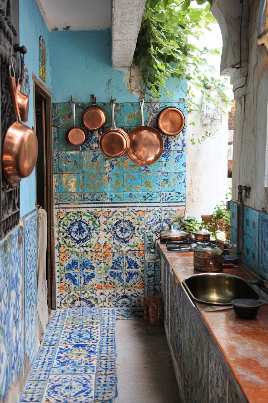 Tiny cooking space idea. Blue Moroccan tiles with copper pans hanging.