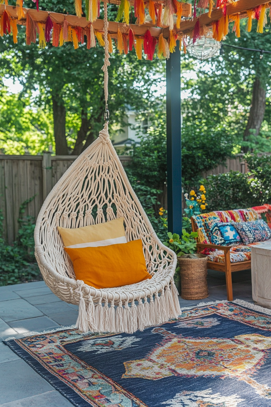 Bohemian patio. Macramé hanging chair with rainbow canopy, navy kilim rug.