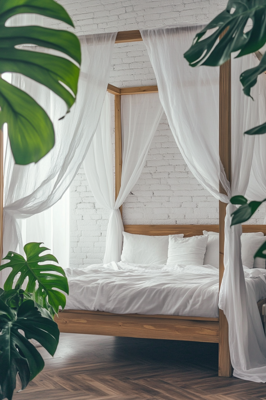 Sleeping nook. Four poster bed with white mosquito net drapes and monstera plant.