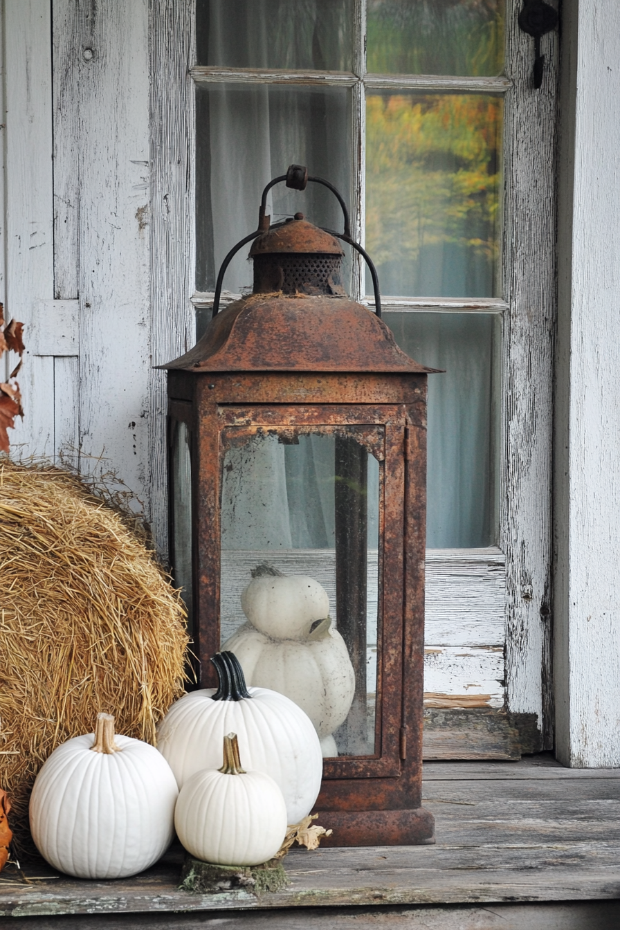 Fall porch. Rusty metal lantern with white pumpkins and haystack.