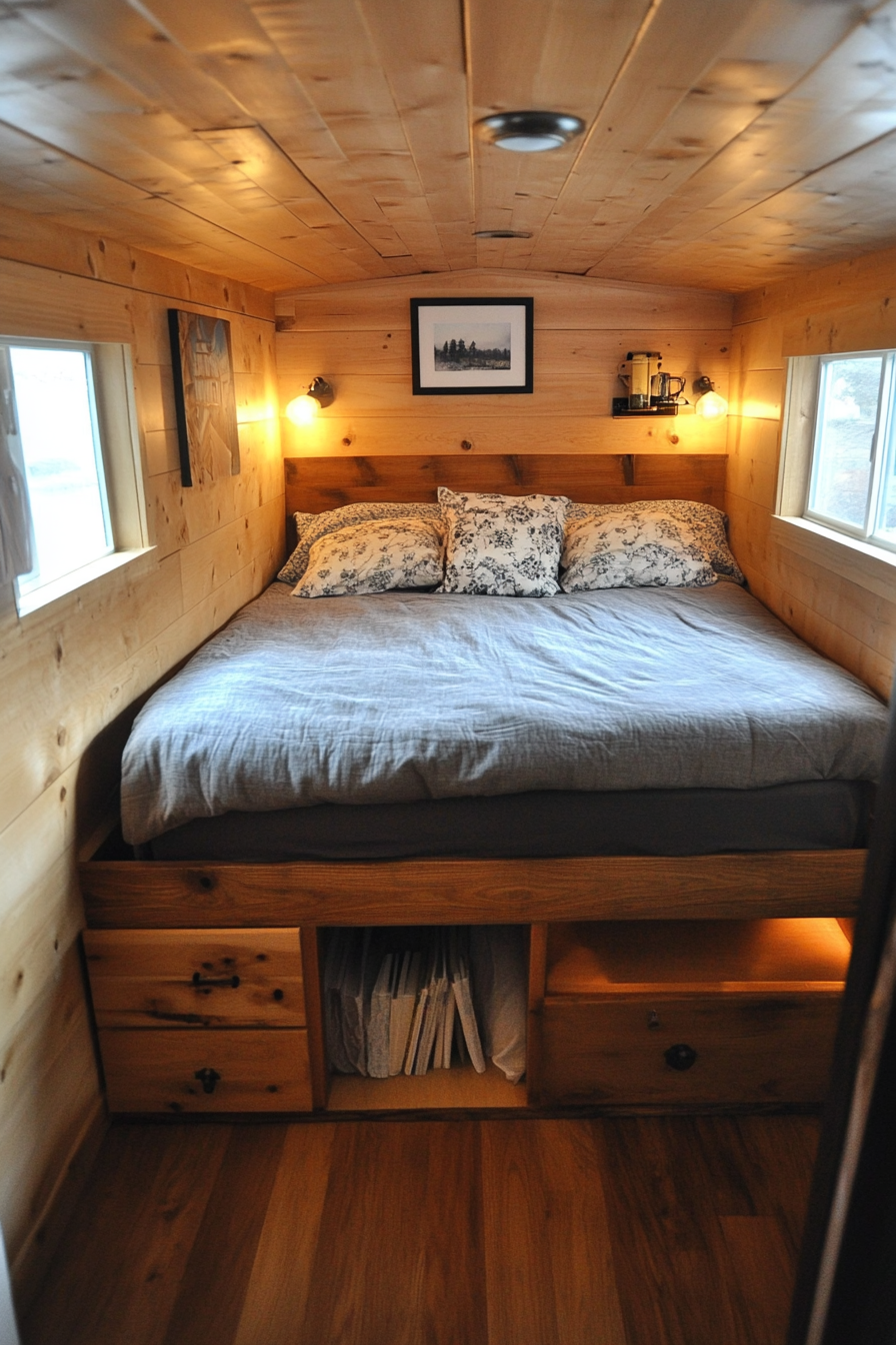 Minimalist Tiny House Bedroom. Elevated bed with under-storage, natural-wood wall-mounted nightstands.