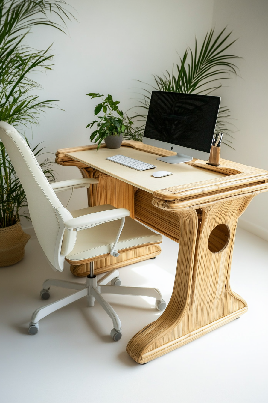 Mobile Workspace design. Bamboo desk with cream colored ergonomic chair.