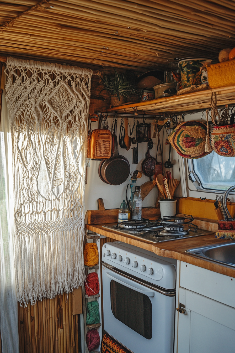 Bohemian camper kitchen. Macramé curtain against a rattan wall.