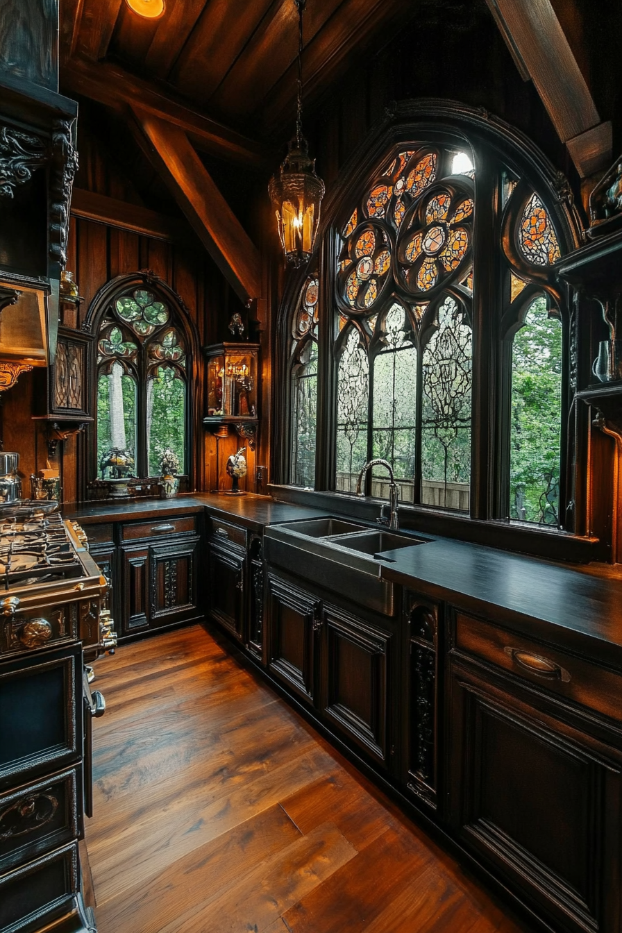 Micro living idea. Dark wood-paneled kitchen with gothic pointed arch Windows.