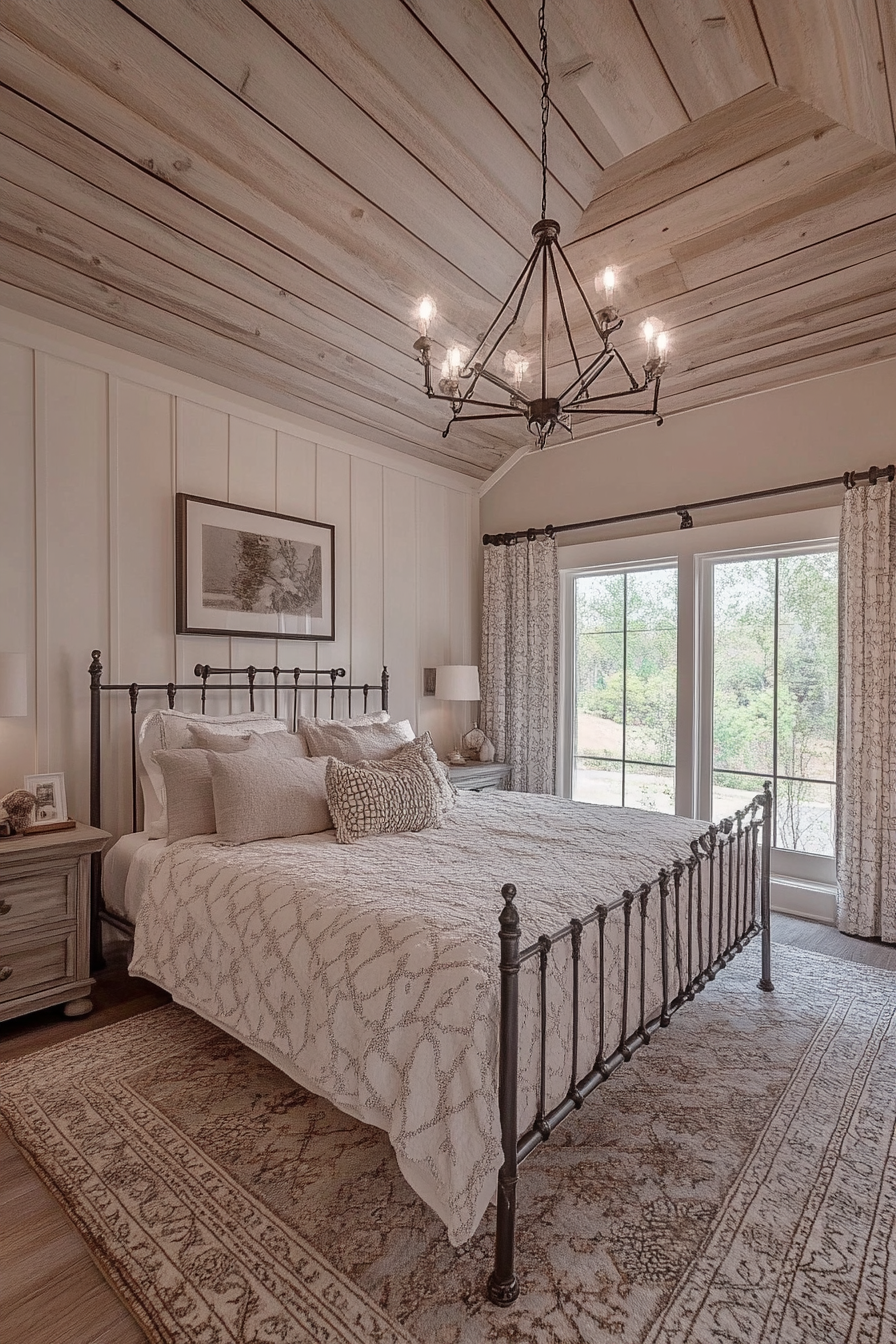 Rustic-chic bedroom. Shiplap ceiling with light grey iron bed frame.