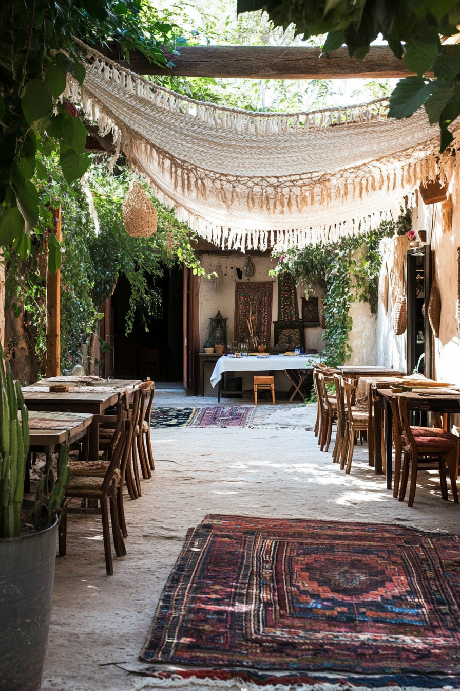 Bohemian patio. Macramé chair canopies with layered Kilim rugs.