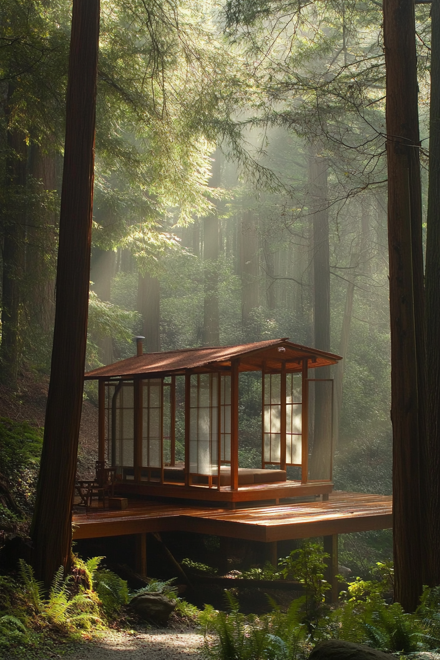 Elevated platform Zen camp. Redwood structure with translucent Shoji screens.