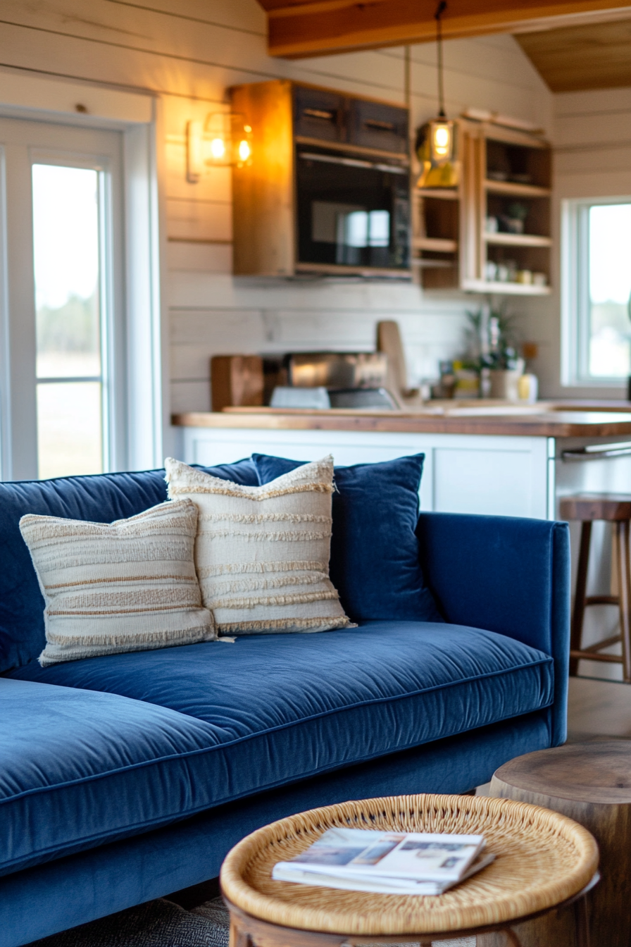 Upper level tiny home design. Velvet sofa with rattan accents.