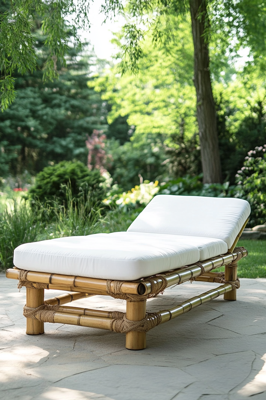 Outdoor Massage Table. Bamboo frame with white cushion.