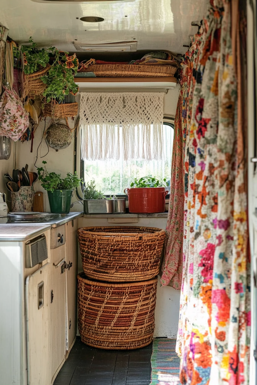 Bohemian camper kitchen. Rattan baskets with vibrant macramé curtains.