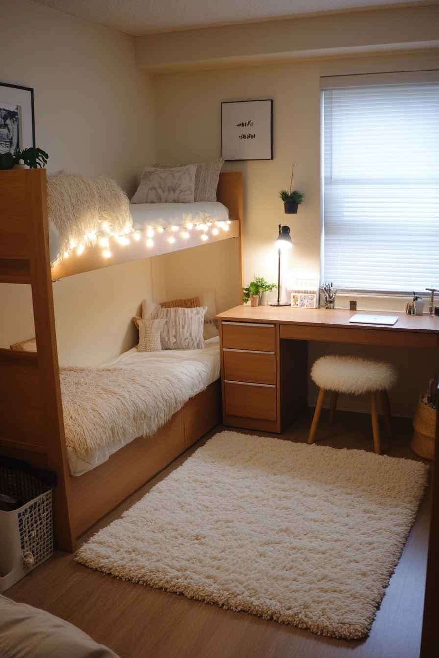 Japandi student dorm room. Solid wood desk with a white textured rug.