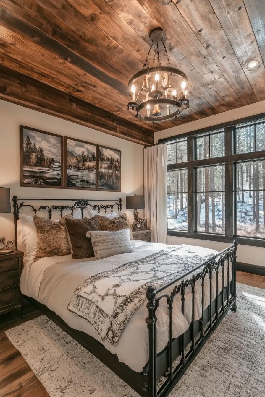 Rustic-chic bedroom. Shiplap ceiling with a distressed black iron frame bed.