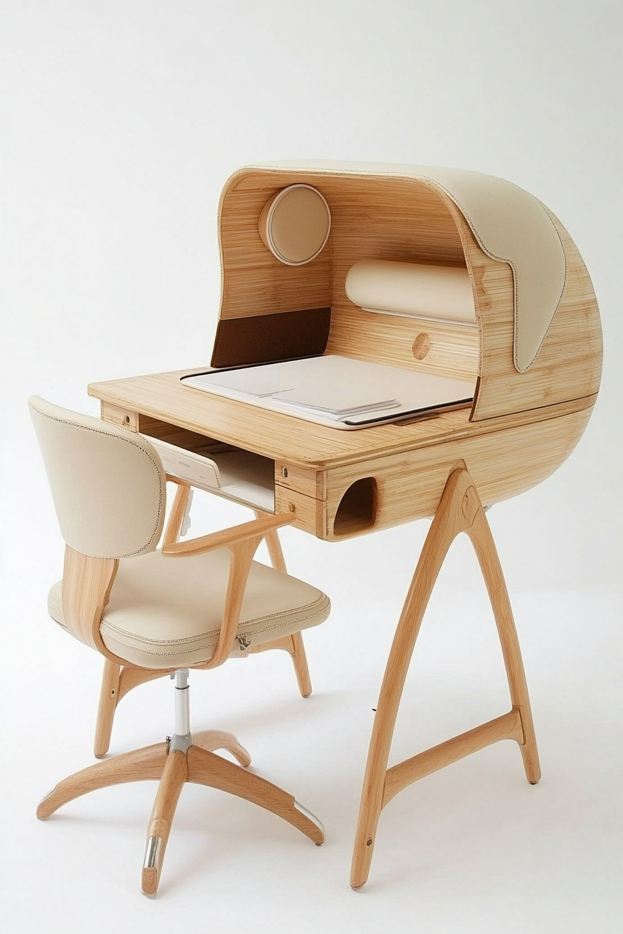 Mobile workspace design. Bamboo desk with beige ergonomic chair.