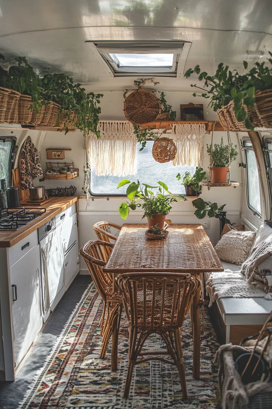 Bohemian camper kitchen. Macramé plant hangers above a rattan dining set.