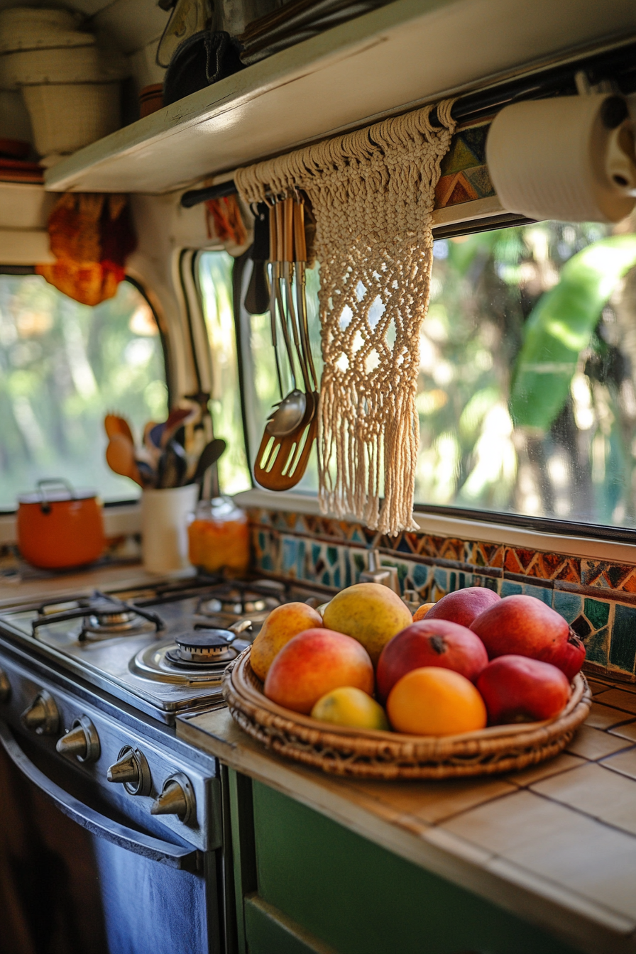 Bohemian camper kitchen. Macramé fruit hammock by rattan utensil divider.