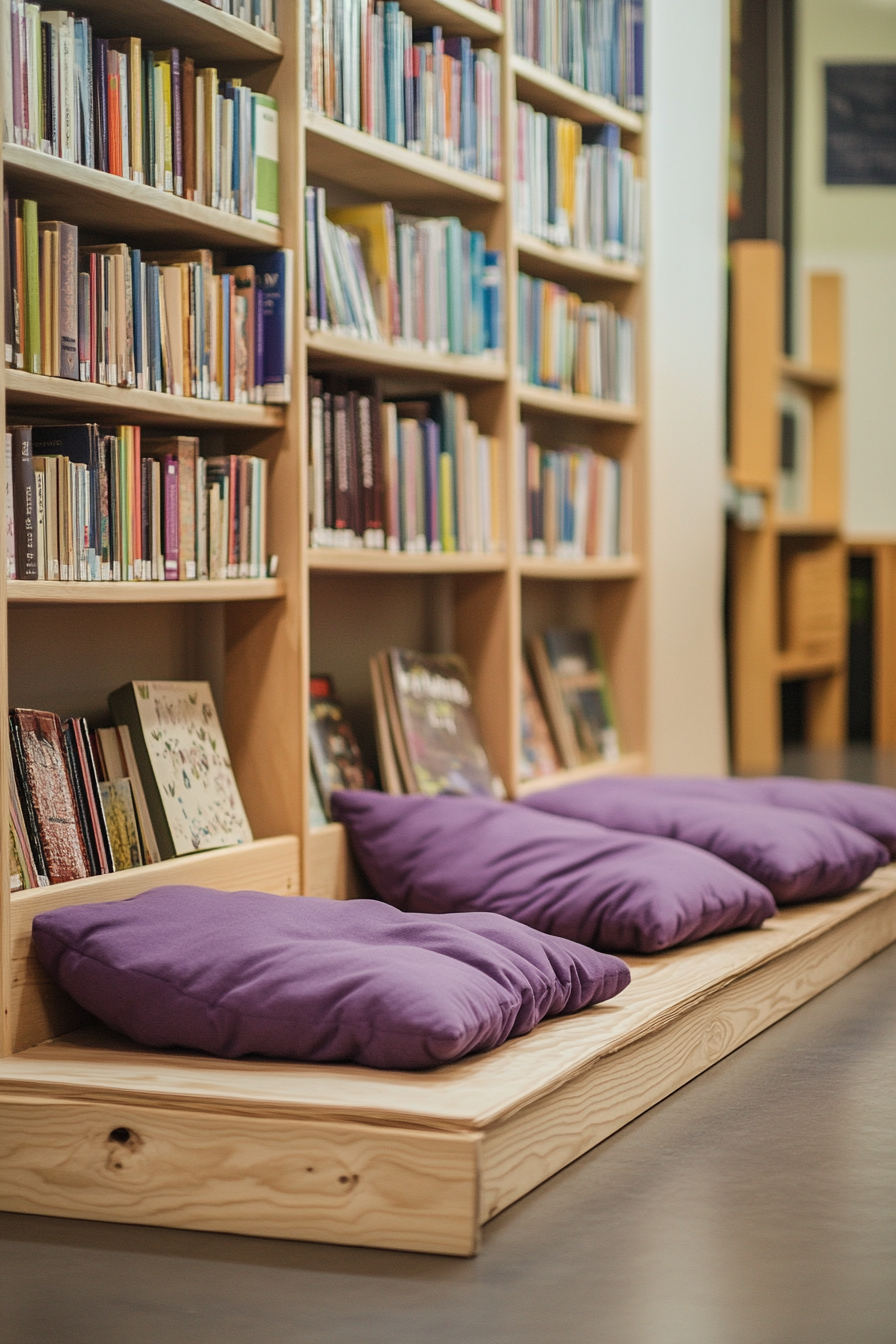 Child-sized library concept. Lavender floor cushions near a low natural wood book display.