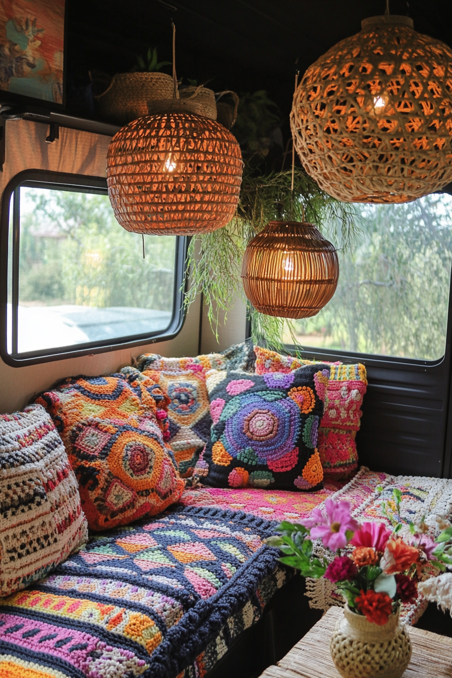 Boho RV sunroom. Patterned crocheted blankets with hanging rattan lanterns.