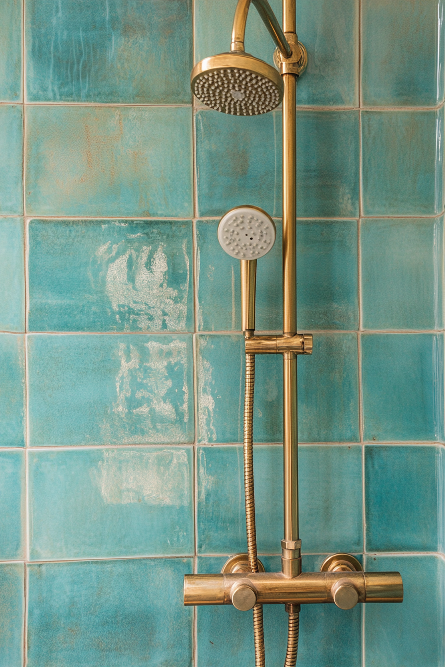 Tiny beach house shower. Brass fixtures with turquoise backsplash tiles.