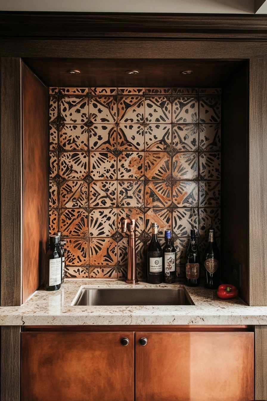 Cooking space idea. Geometric Moroccan tiles backsplash with a copper kitchen cabinet.