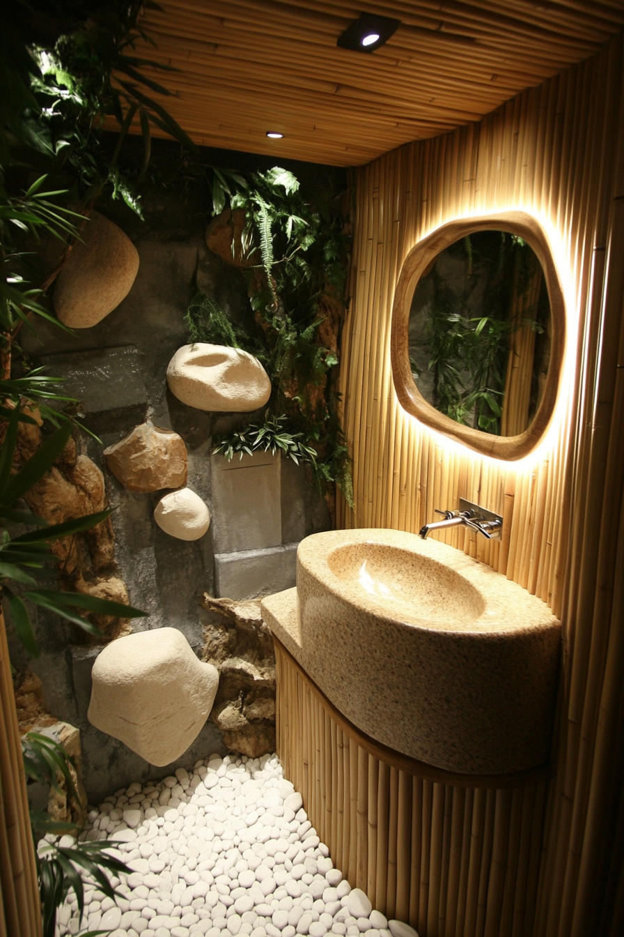 Tiny eco-bathroom concept. Bamboo walls and river rock sink.