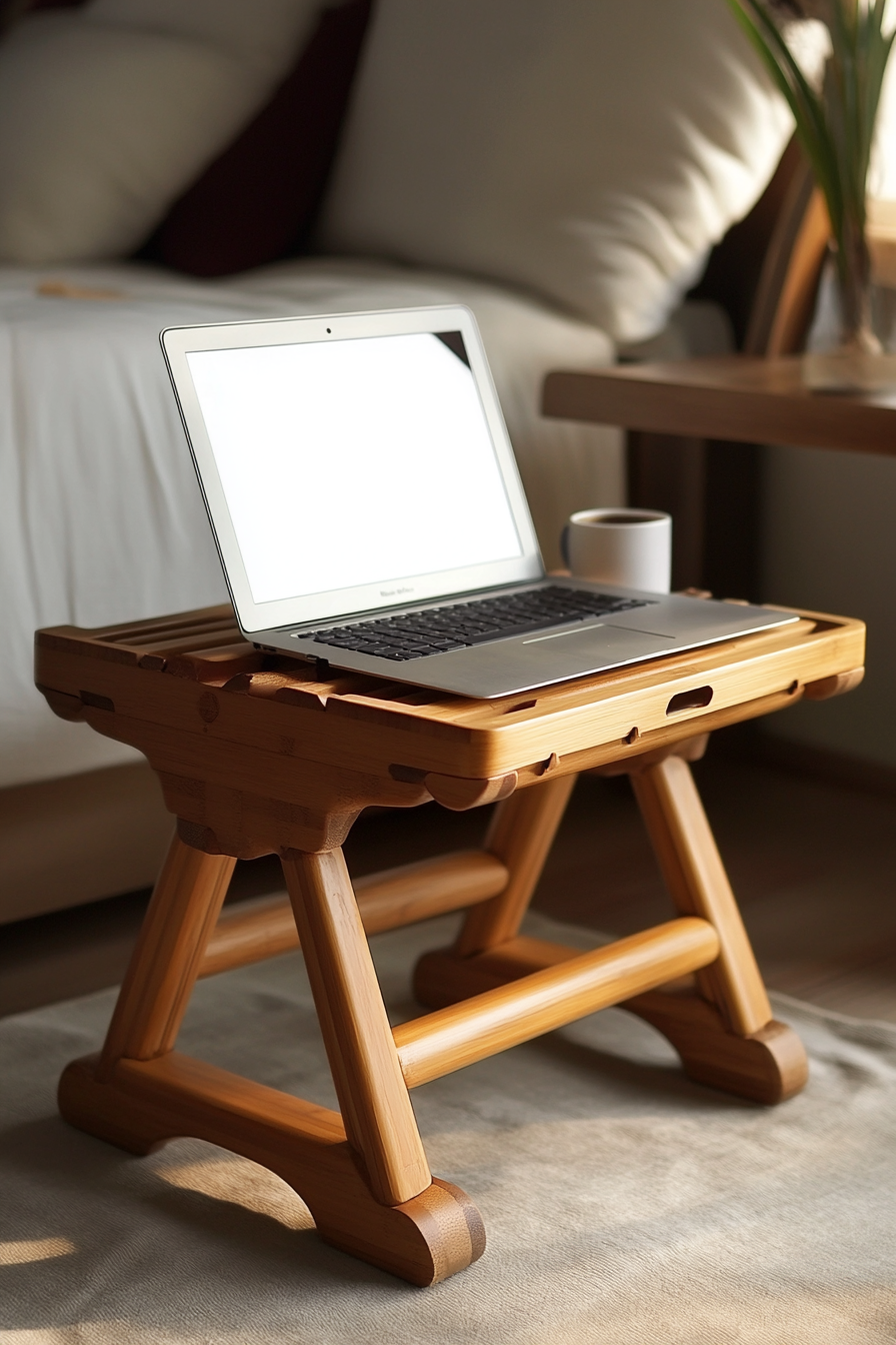 Mobile workspace design. Bamboo laptop desk, natural brown tones.