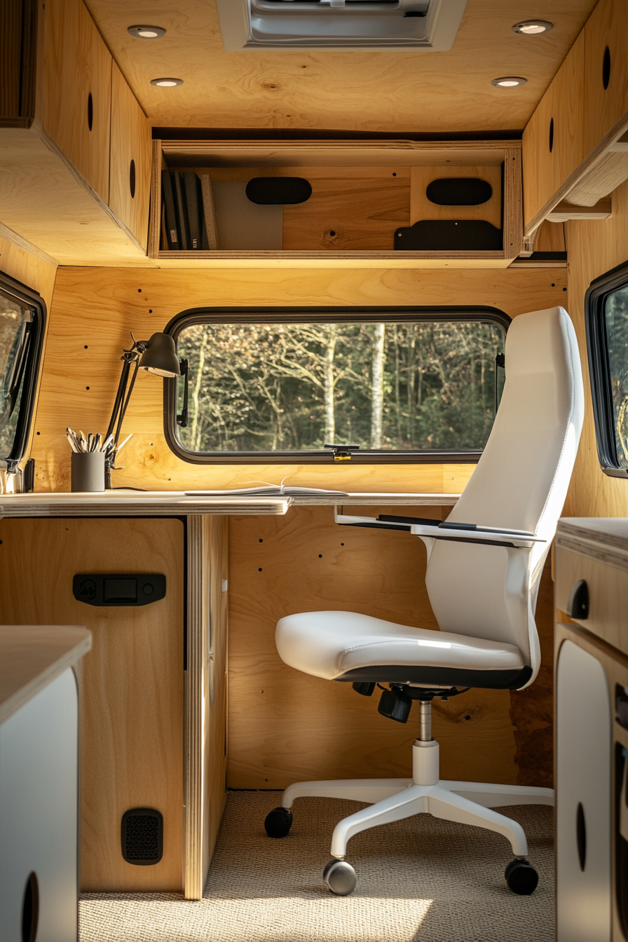 Remote work camper interior. Plywood-built writing desk with white ergonomic chair.