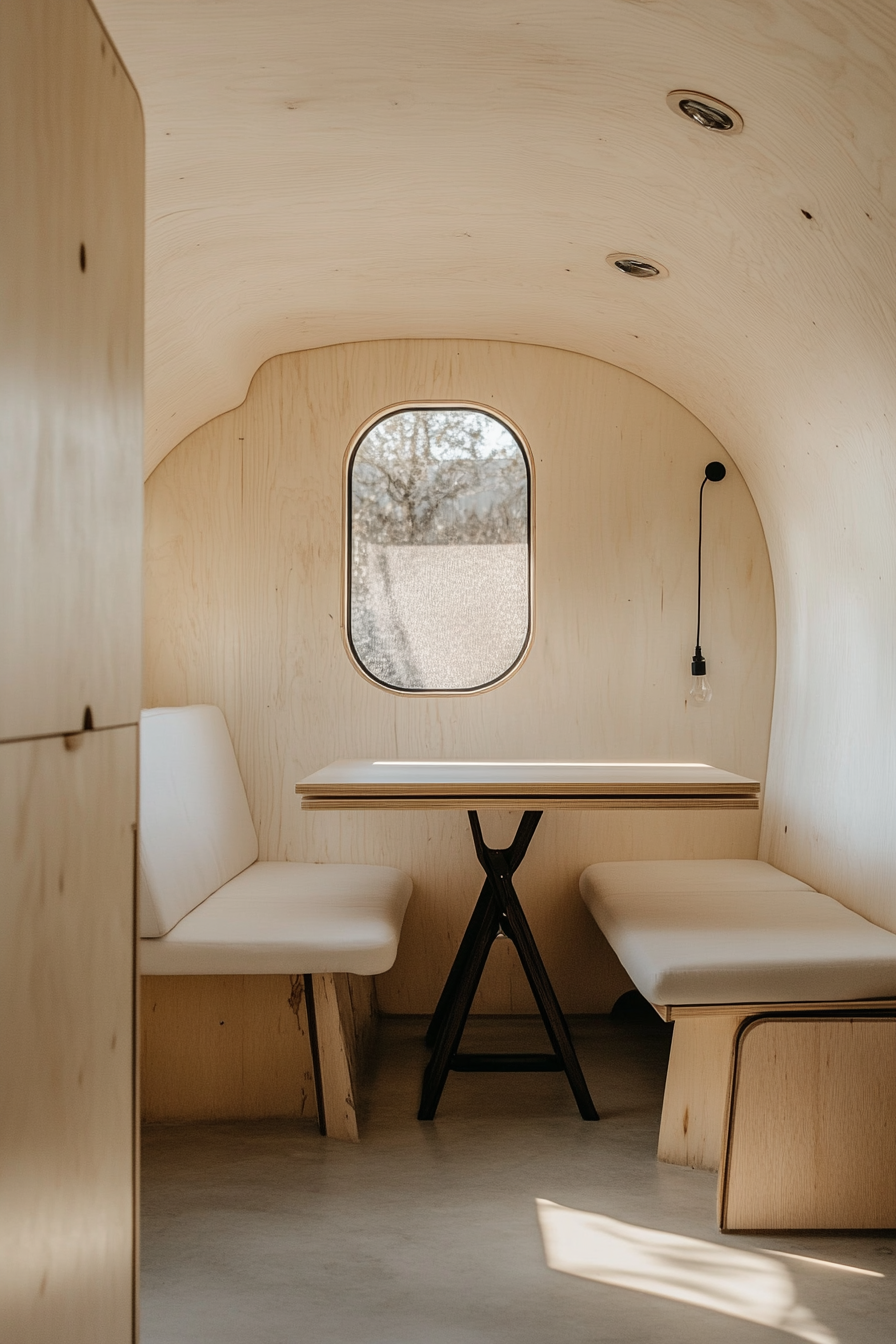 Remote work camper interior. Sleek white walls with plywood bench seating.