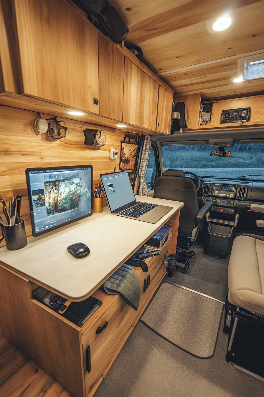 Remote work camper interior. White quartz countertop with plywood cabinets.