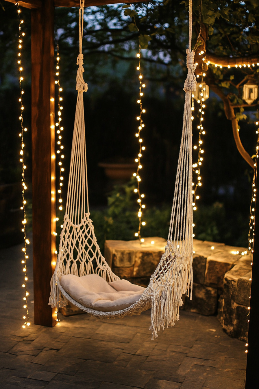 Bohemian patio. Macramé hanging chair under white fairy light strands.