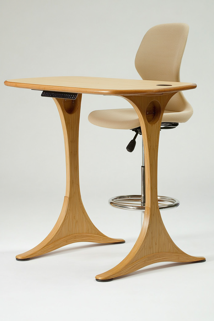 Mobile workspace design. Bamboo sit-stand desk with beige ergonomic chair.