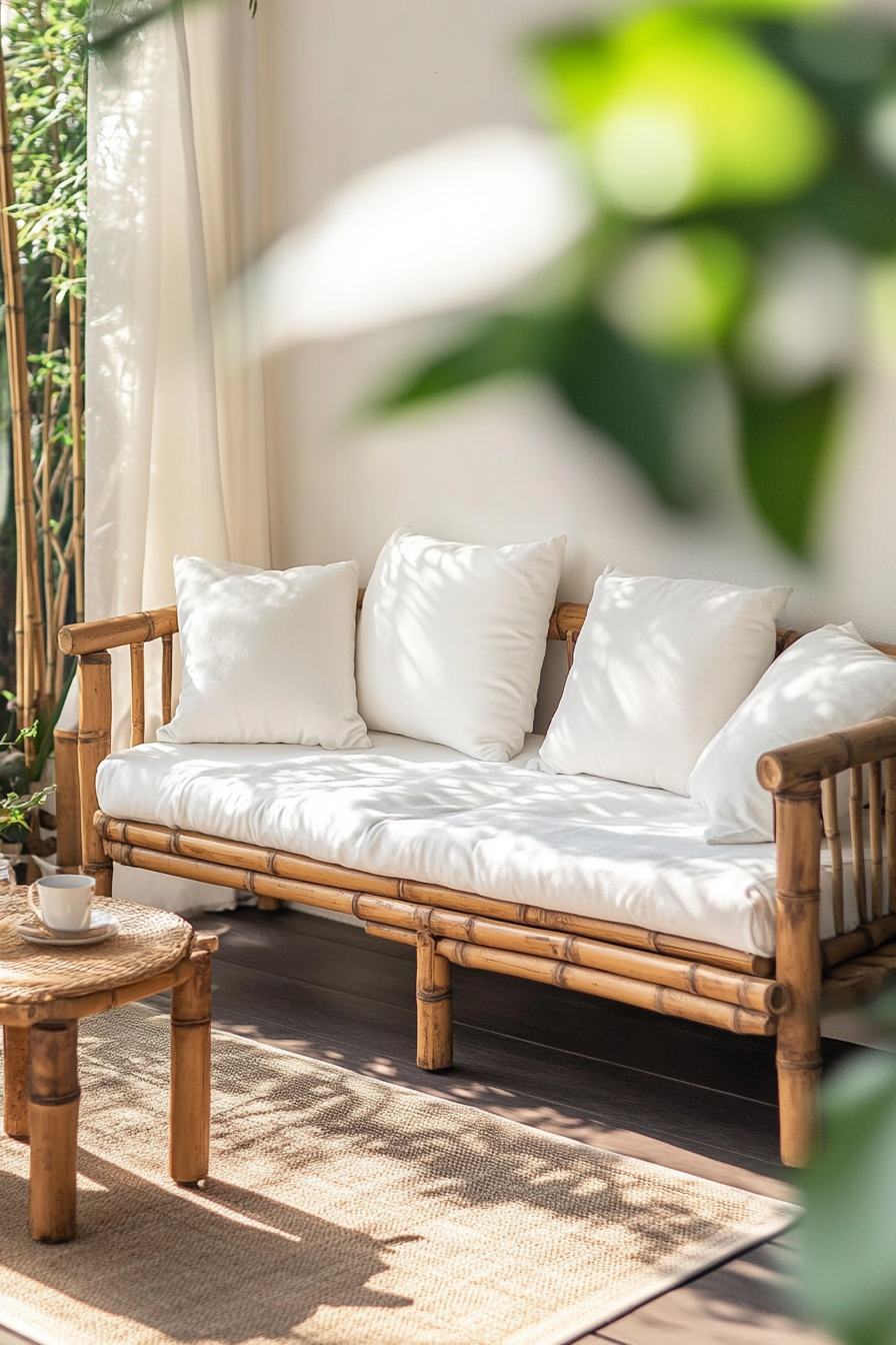 Japandi balcony design. Bamboo furniture with white cushions