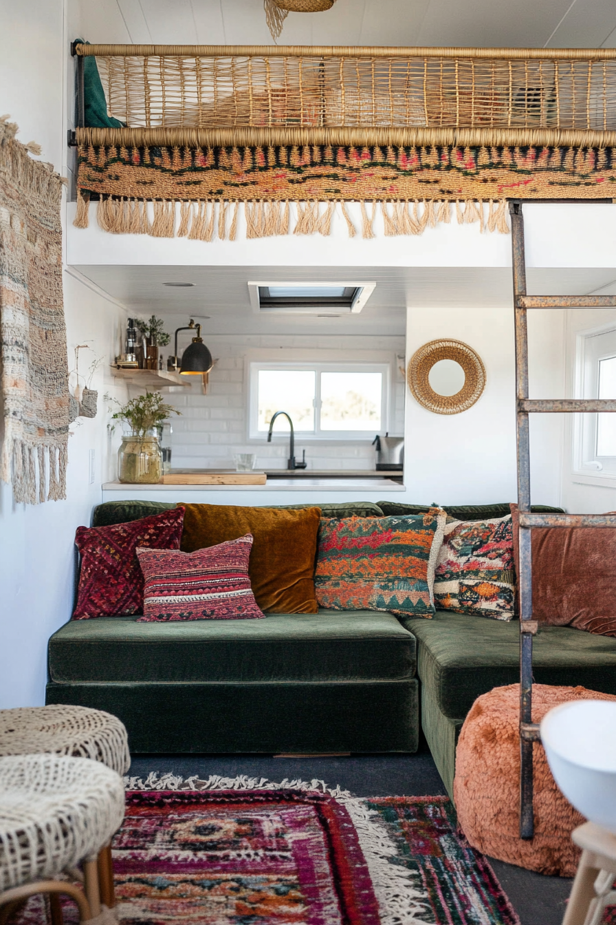 Bohemian tiny home design. Velvet corner sofa under rattan partition on upper level.