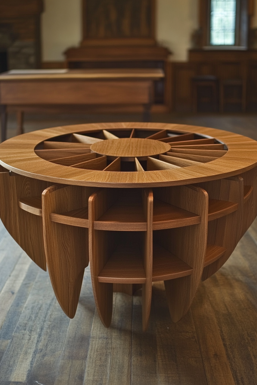 Dining table. Circular oak table with fold-in sides and central storage.