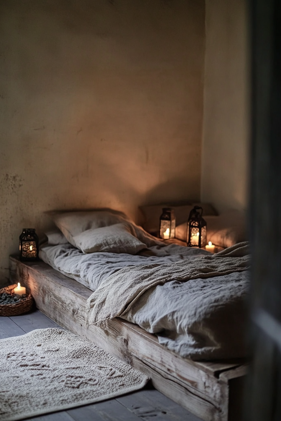 Micro Bedroom Concept. Moroccan lanterns arranged around a low, oak wood platform bed.